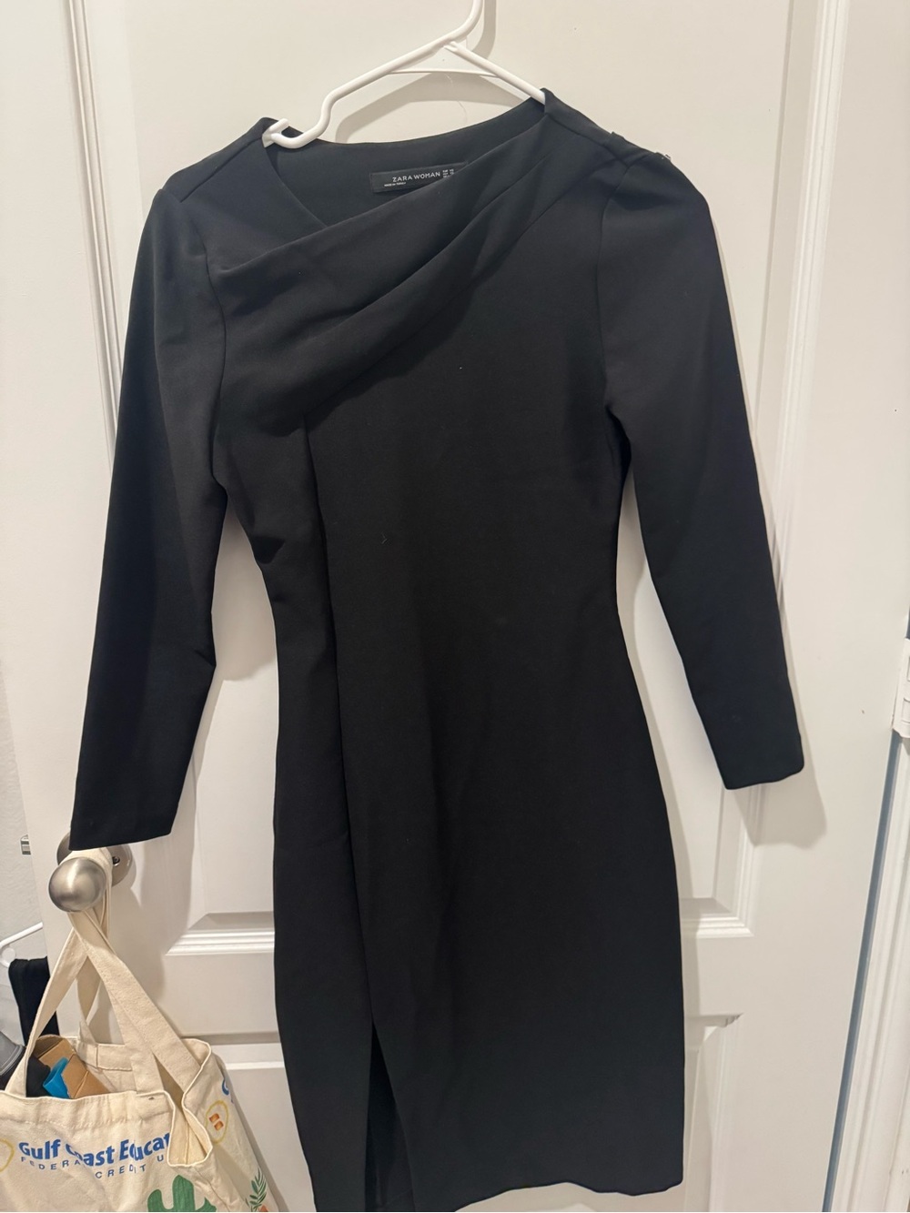 Zara Black Long-Sleeve Asymmetric Neck Midi Dress